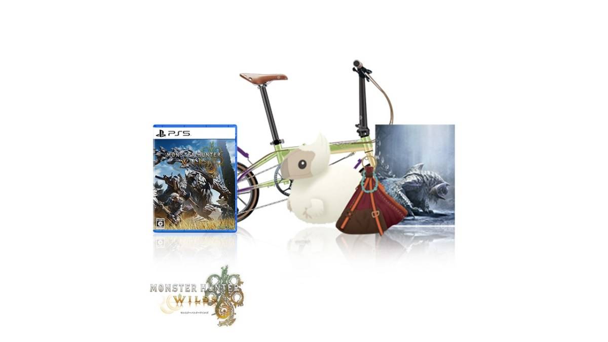 Monster Hunter Wilds Ultra Collector版，帶有遊戲的照片，蓬鬆的玩具，武器袋和一輛折疊自行車。