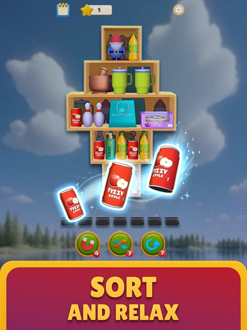 Screenshot ng isang laro ng pag-stack ng istante kung saan ang isang tao ay tumutugma sa tatlong mga lata ng soda