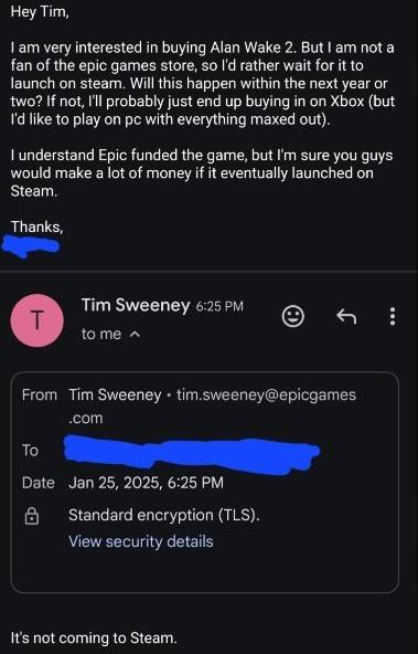 Alan Wake 2不会在Steam Tim Sweeney确认出售