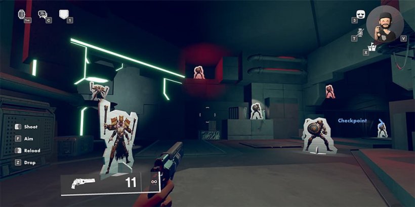 Hand aiming pistol at cardboard enemies in a training facility