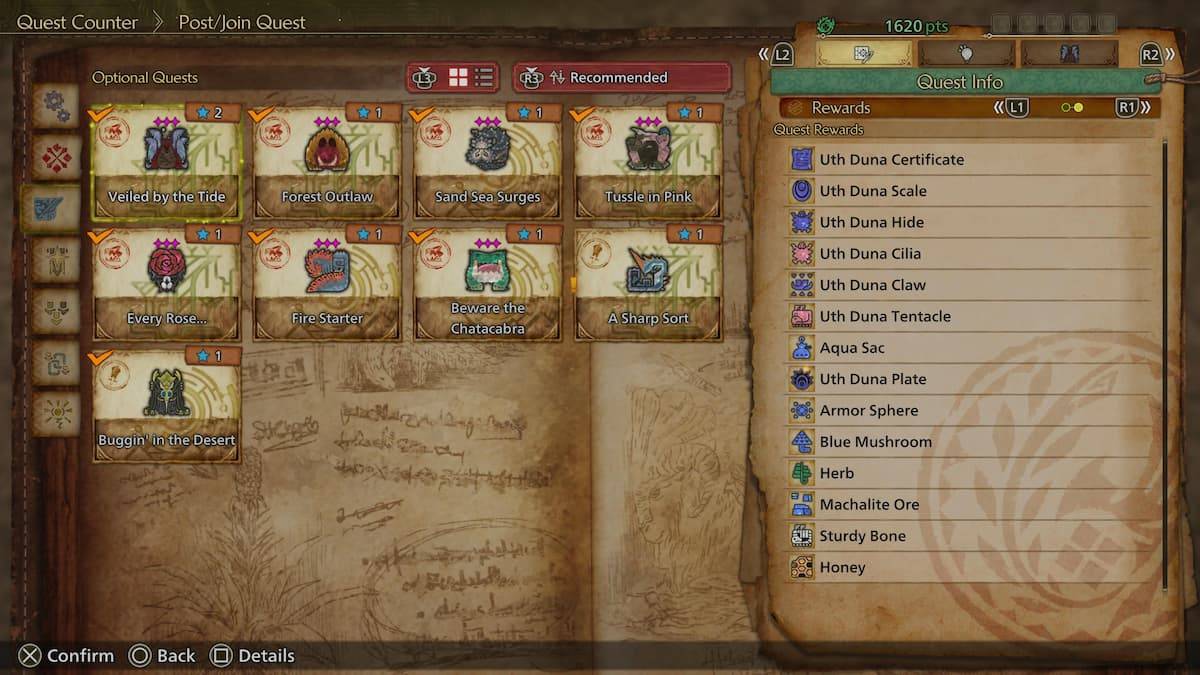 Verificando recompensas de missão em Monster Hunter Wilds