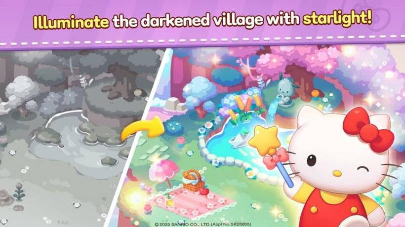 Hình ảnh Hello Kitty vẫy một cây đũa thần trên một phong cảnh đang được khôi phục màu sắc