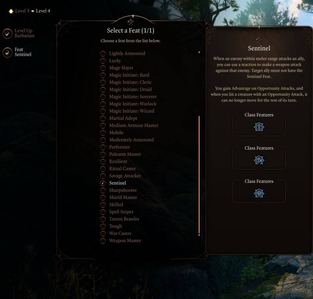 클래스를 위해 선택하기 가장 좋은 위업에 관한 기사의 일부로 Baldur 's Gate 3 (BG3)에서 Sentinel Feat를 보여주는 이미지.
