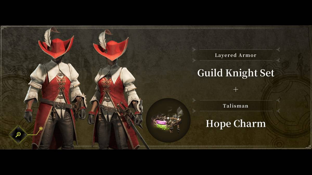 The pre-order DLC for Monster Hunter Wilds, the Guild Knight Set and Hope Charm. 