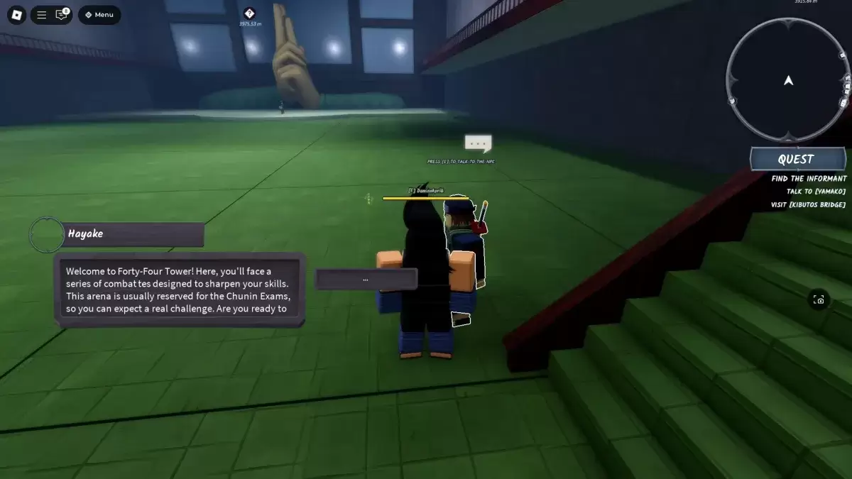 Um jogador parado ao lado do exame Hayake Chunin NPC em Ninja Time Roblox Experience