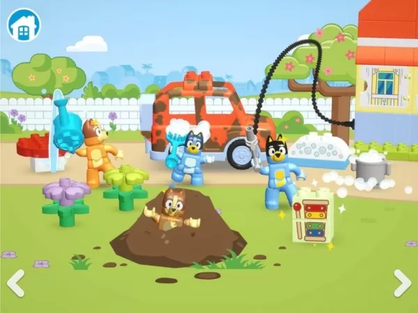 Colorful Lego dog characters playing together in various garden activities like dancing, washing a car, and playing in mud